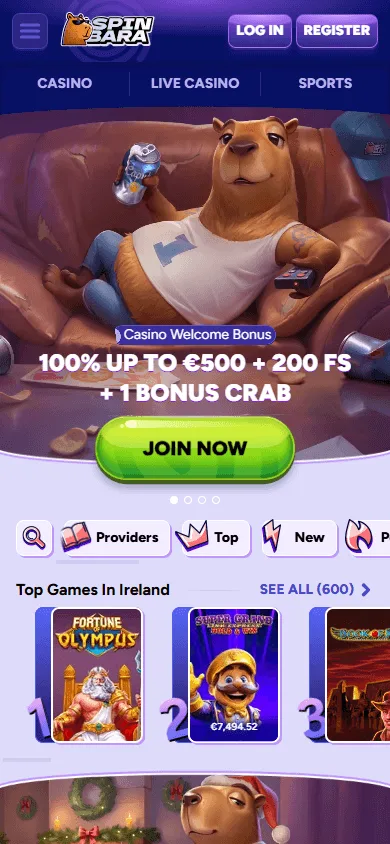 Spinbara Casino mobile browser home screen for Australian players