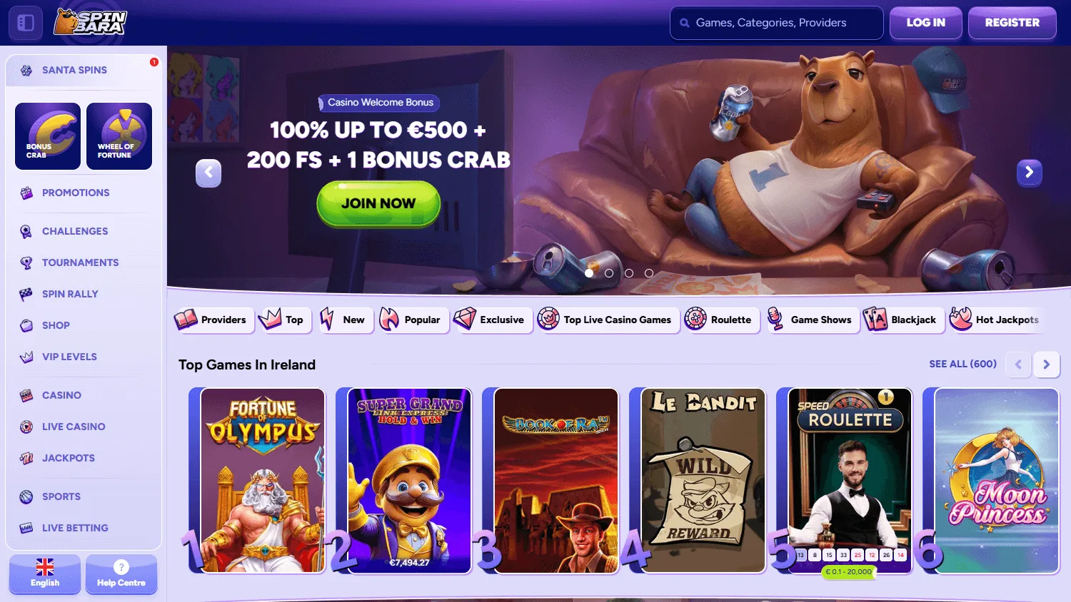 Spinbara Casino desktop home screen with casino entertainment and welcome offer