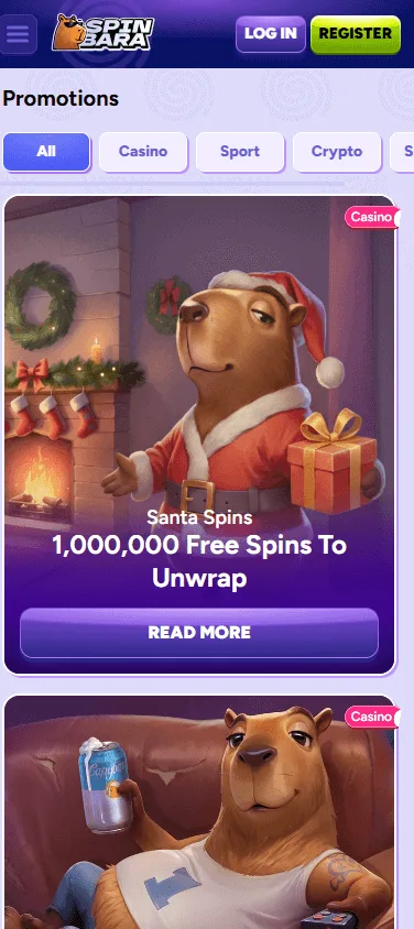 Spinbara Casino mobile browser promotions screen with bonus offers