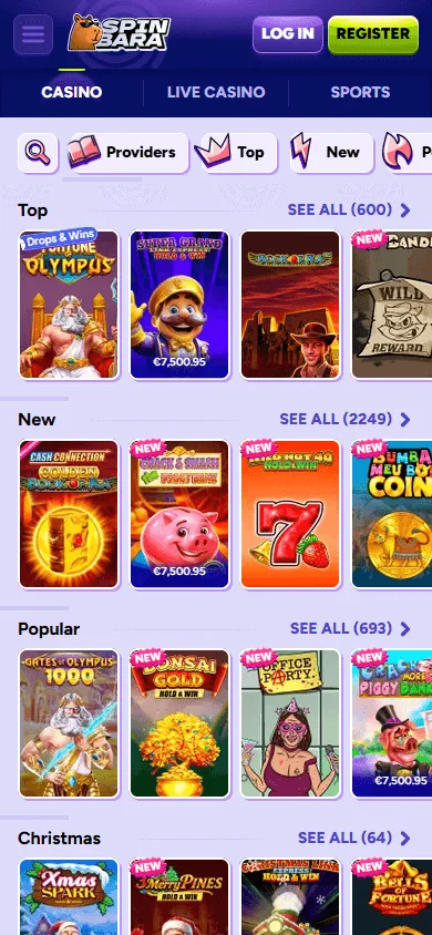 Spinbara Casino mobile browser games screen with casino titles