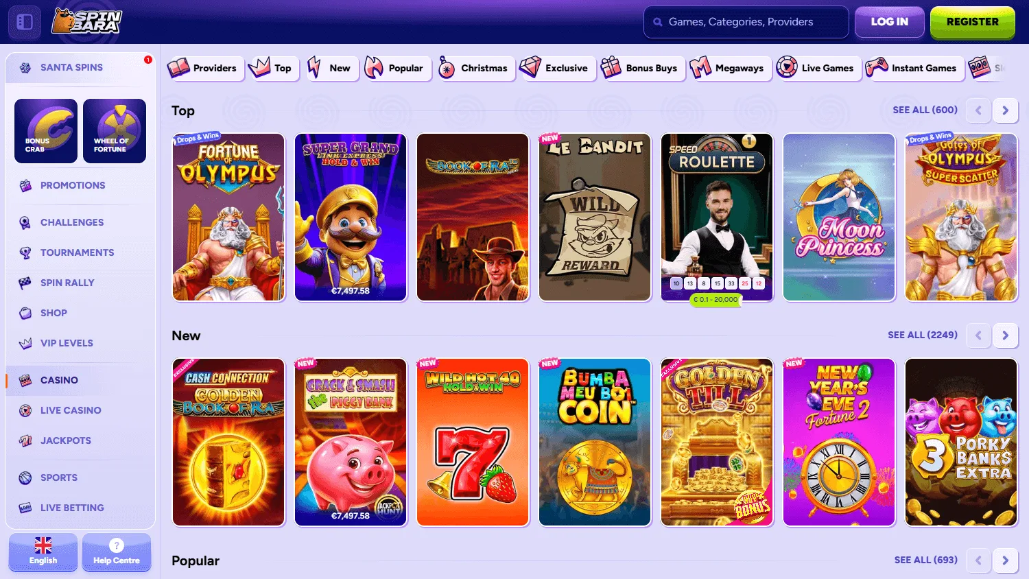 Spinbara Casino desktop games screen with slots and casino categories