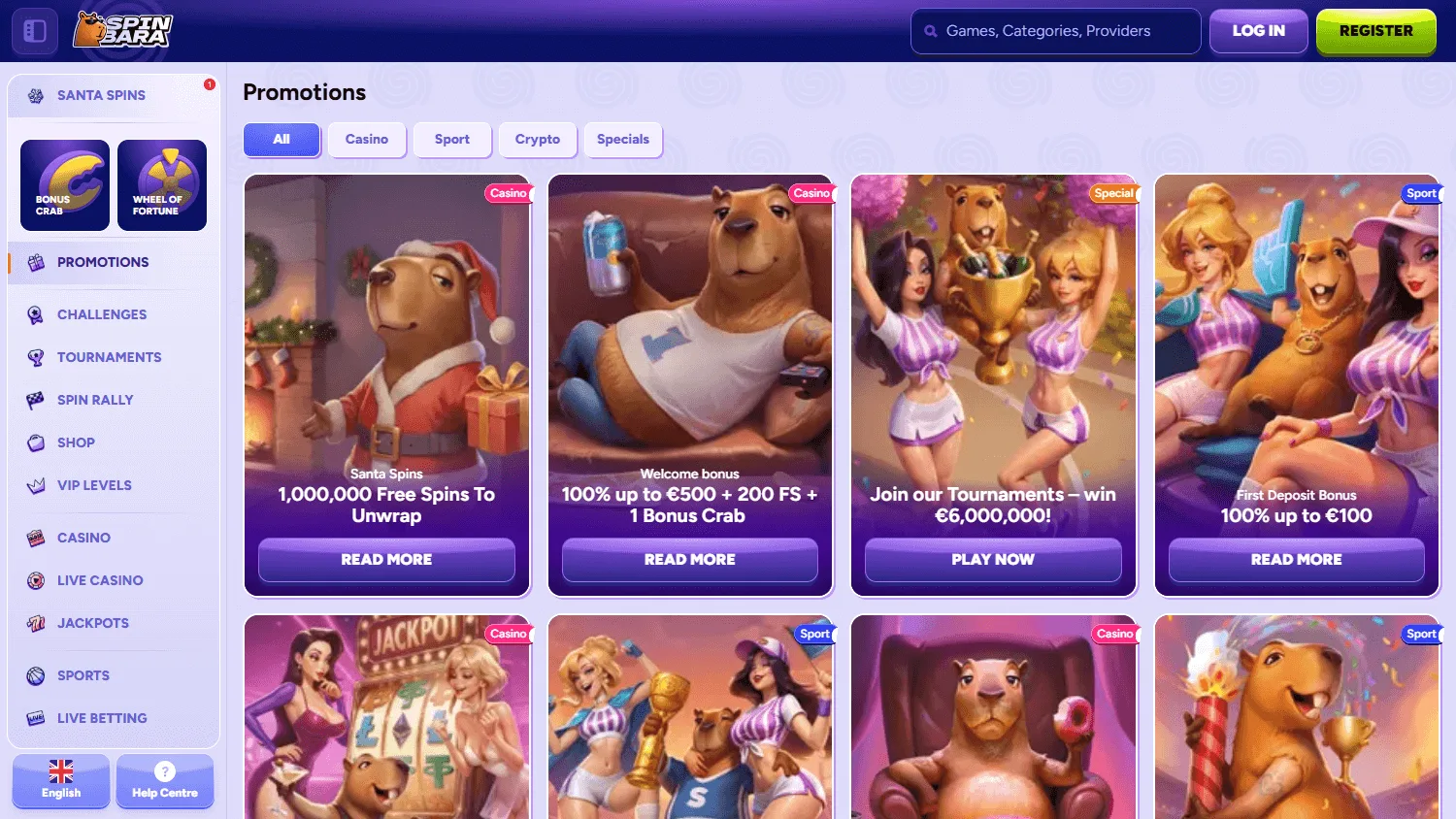 Spinbara Casino desktop promotions screen with welcome and reload offers